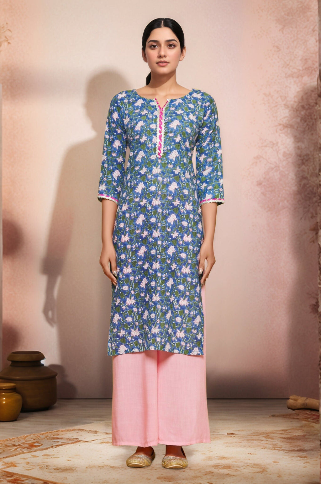 Joban Fashion Blue Flower Printed Cotton Kurti With Lace Work In Neck
