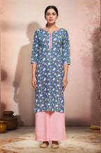Joban Fashion Blue Flower Printed Cotton Kurti With Lace Work In Neck