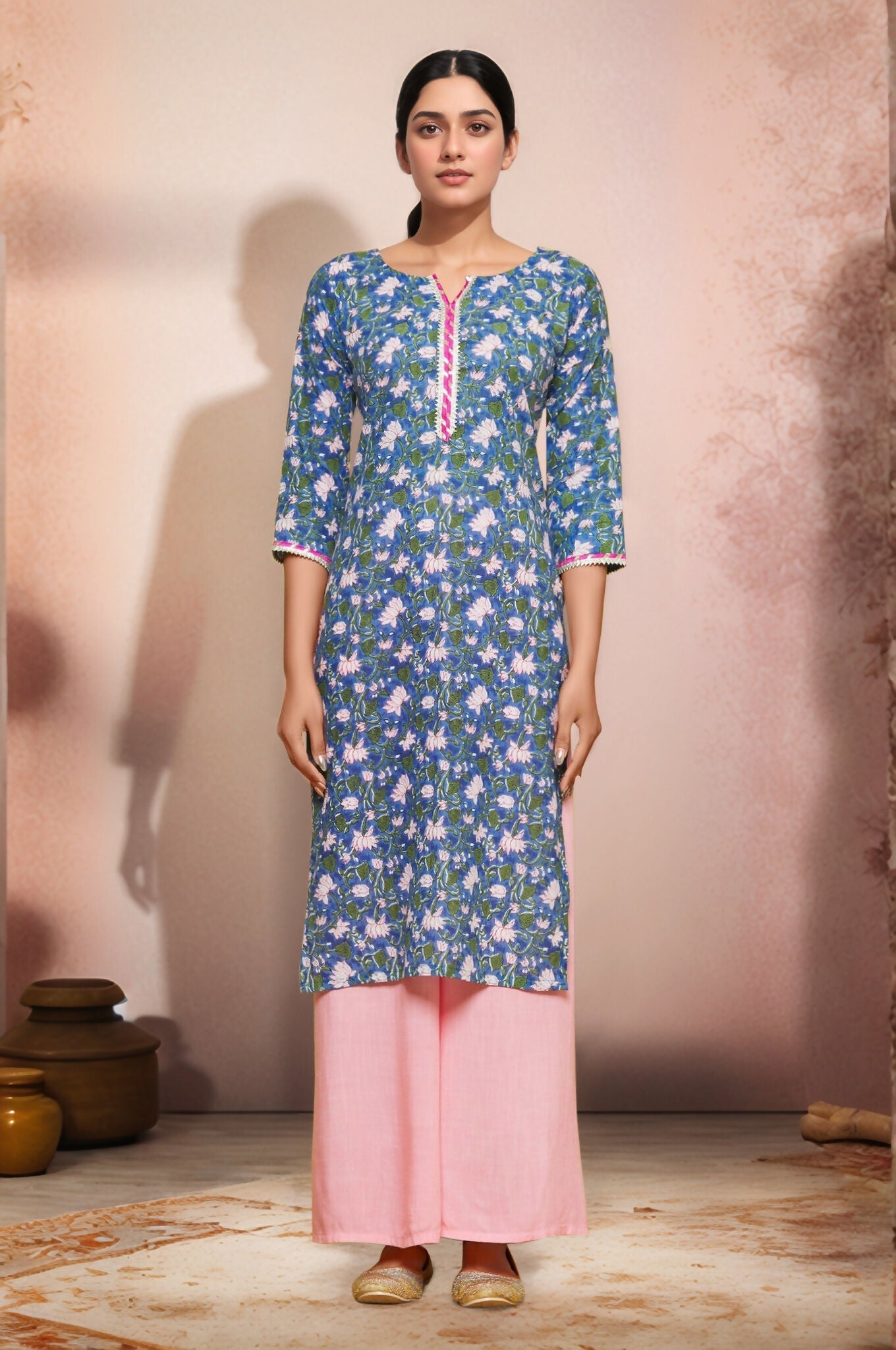 Joban Fashion Blue Flower Printed Cotton Kurti With Lace Work In Neck