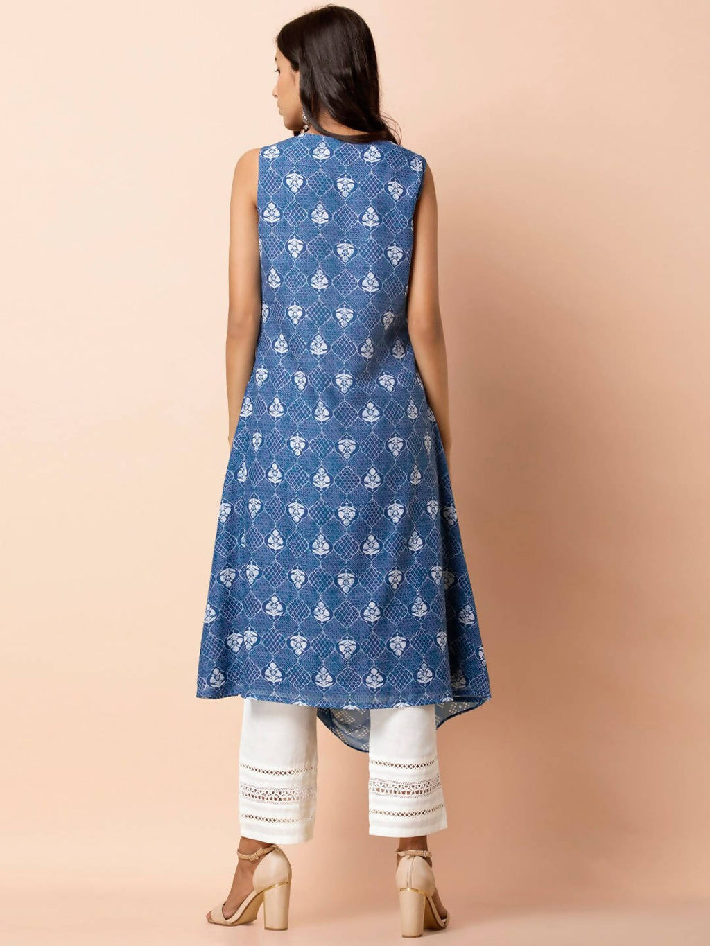 Indya Blue & White Printed A-Line Kurta - Distacart