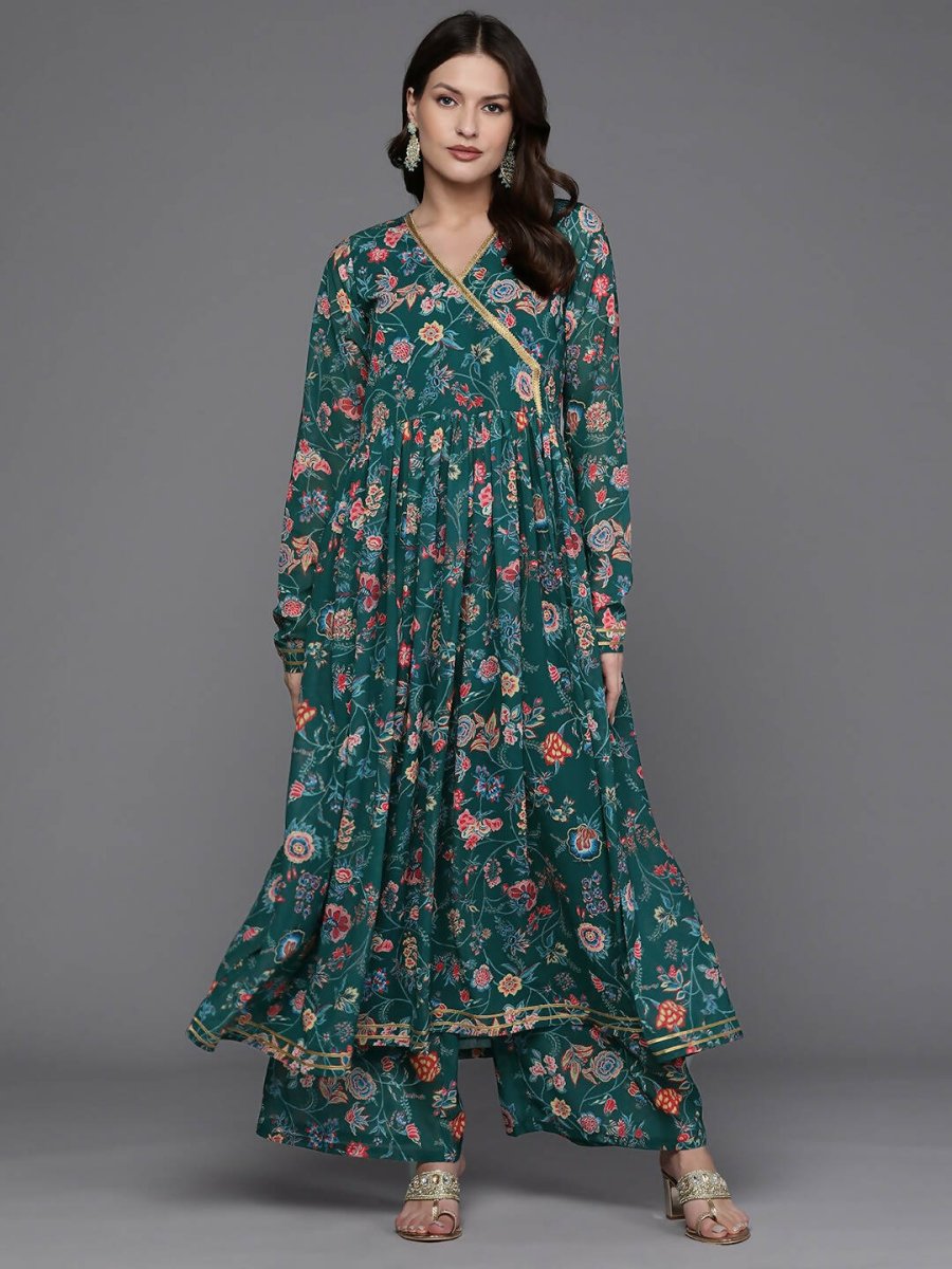 Ahalyaa Women Floral Printed Angrakha Kurta with Palazzos - Green Color