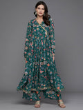 Ahalyaa Women Floral Printed Angrakha Kurta with Palazzos - Green Color