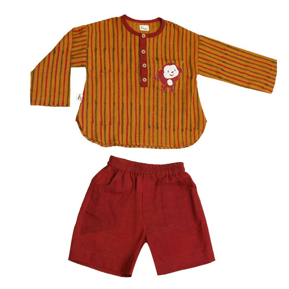 Mhyssa Kong Full sleeve Orange Kurta with Maroon Shorts Set For Kids