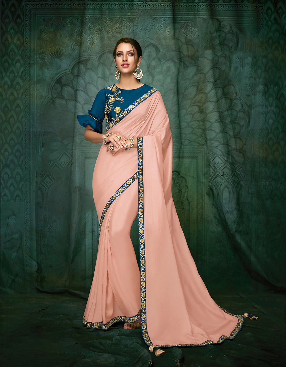 Peach Satin Silkzari And Cord Embroidery, Hand Work Saree - Norita Hit