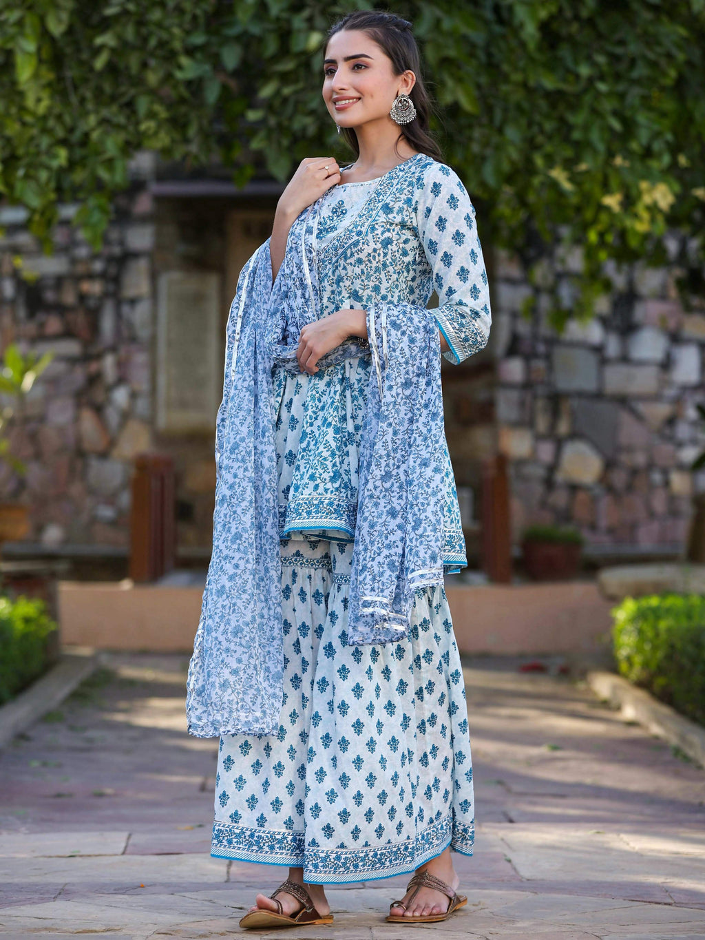 Juniper Women's Blue Cotton Cambric Floral Placement Printed Anarkali Kurta Sharara & Dupatta Set - Distacart