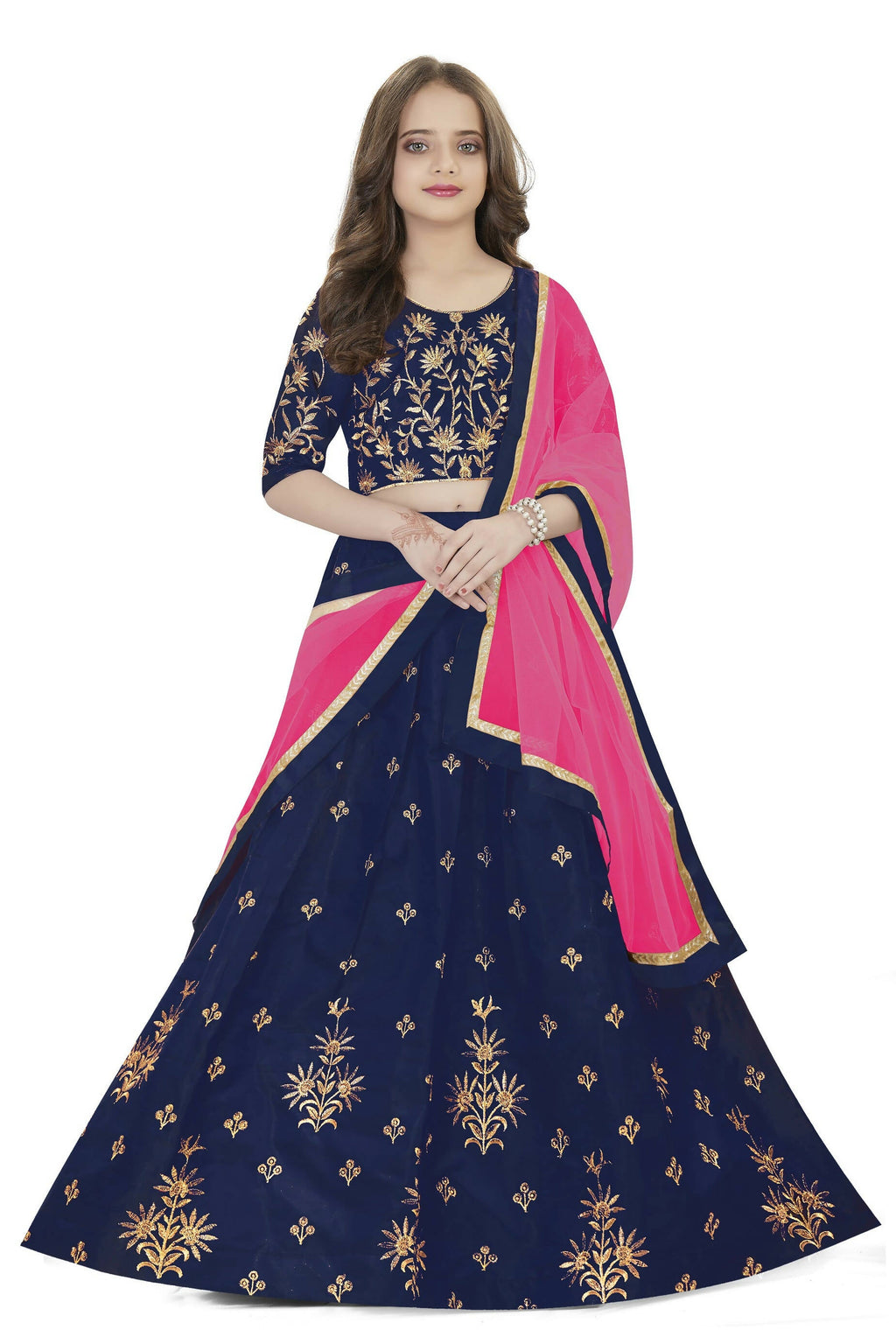 Dwiden Navy Blue Rohini Tafetta Sattin Semi-Stitched Girl's Lehenga Choli