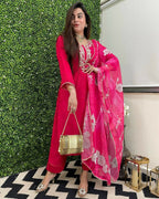 The52 Rani Women's Beautiful Viscose Chanderi Fabric Embroidered Work Straight Kurta Pant and Dupatta Set - Distacart