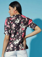 Myshka Women Black Floral V-Neck Regular Sleeves Viscose Rayon Top - Distacart
