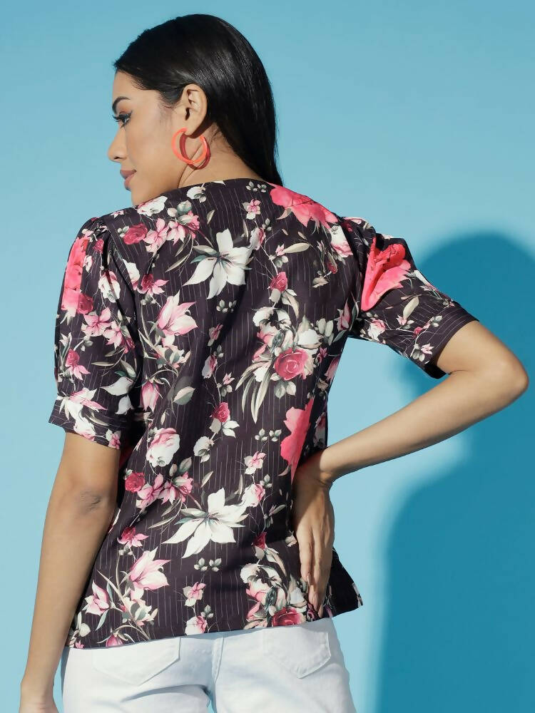 Myshka Women Black Floral V-Neck Regular Sleeves Viscose Rayon Top - Distacart