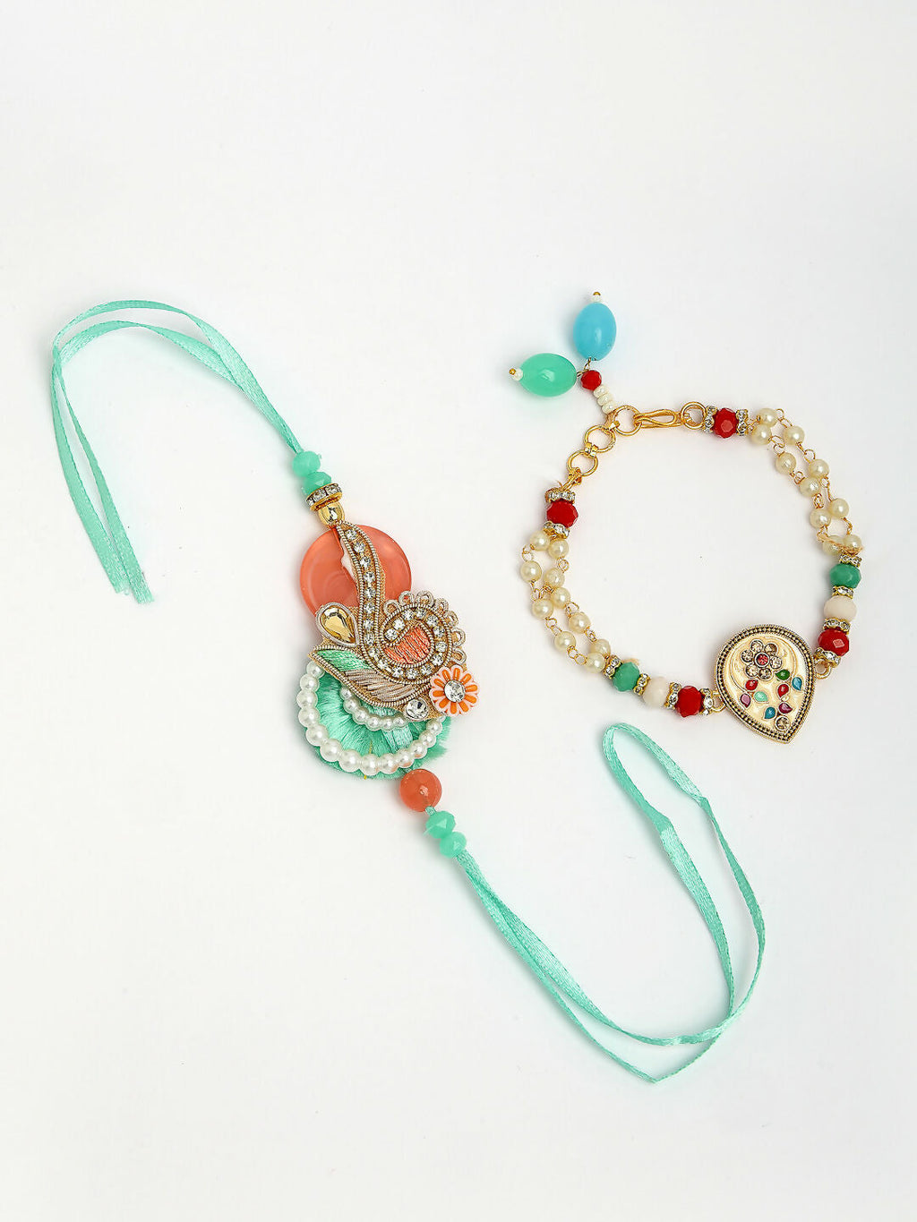 NVR Women & Men Set of 2 Multicolor Stone-Studded & Beaded Bhaiya Bhabhi Rakhi With Roli Chawal - Distacart