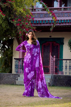Vastranavya Purple Chiffon Floral Printed & Pearl Lace Border Saree with Unstitched Blouse