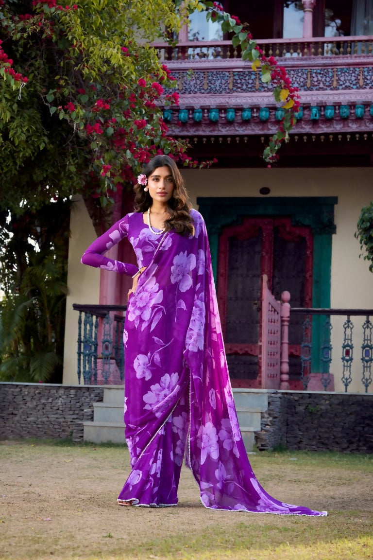 Vastranavya Purple Chiffon Floral Printed & Pearl Lace Border Saree with Unstitched Blouse