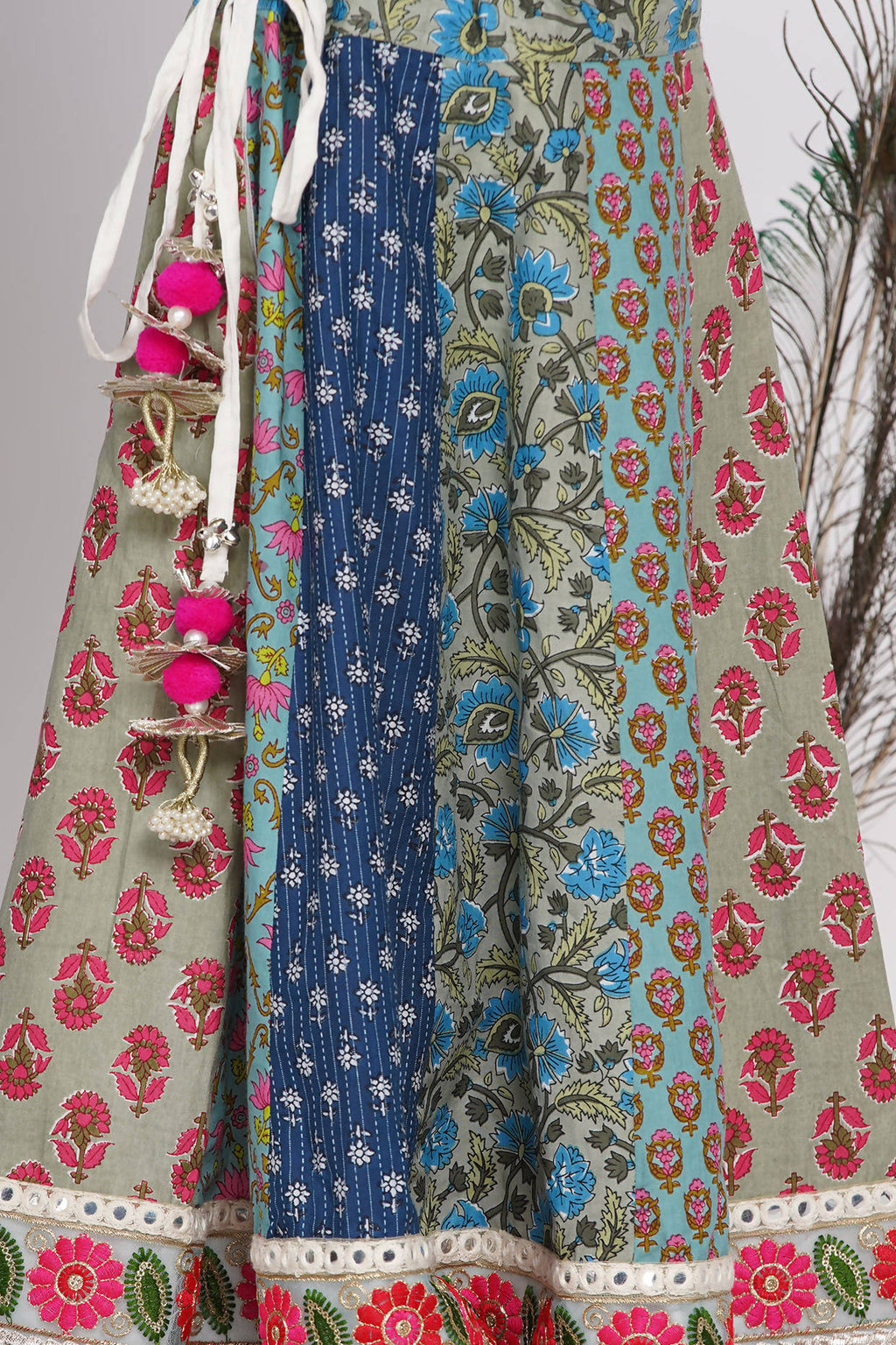 Little Bansi Girls Cotton Embroidery Kurta With Lehenga & Tussel - White & Multicolor
