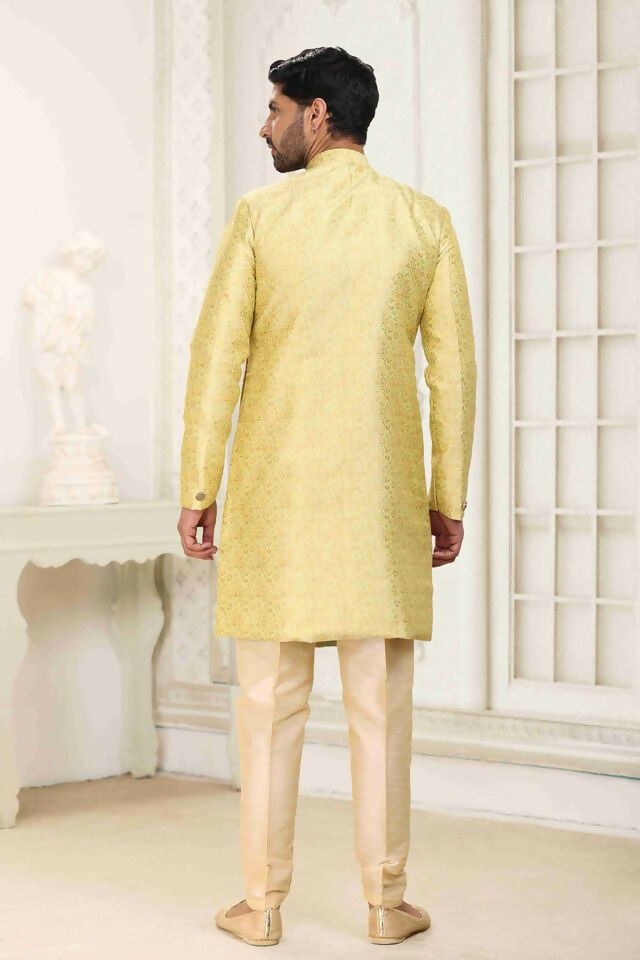 Raivat Ethnic Banarasi Jacquard Embroidery Semi Indo Western Sherwani In Cream Gold Colour