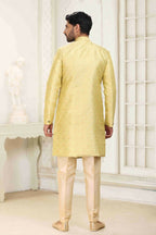 Raivat Ethnic Banarasi Jacquard Embroidery Semi Indo Western Sherwani In Cream Gold Colour