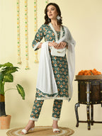 Myshka Women's Green Pure Cotton Kurta & Trousers With Dupatta Party Sets