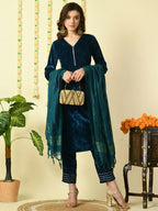 Myshka Women's Teal Velvet Kurta & Trousers With Dupatta Party Sets