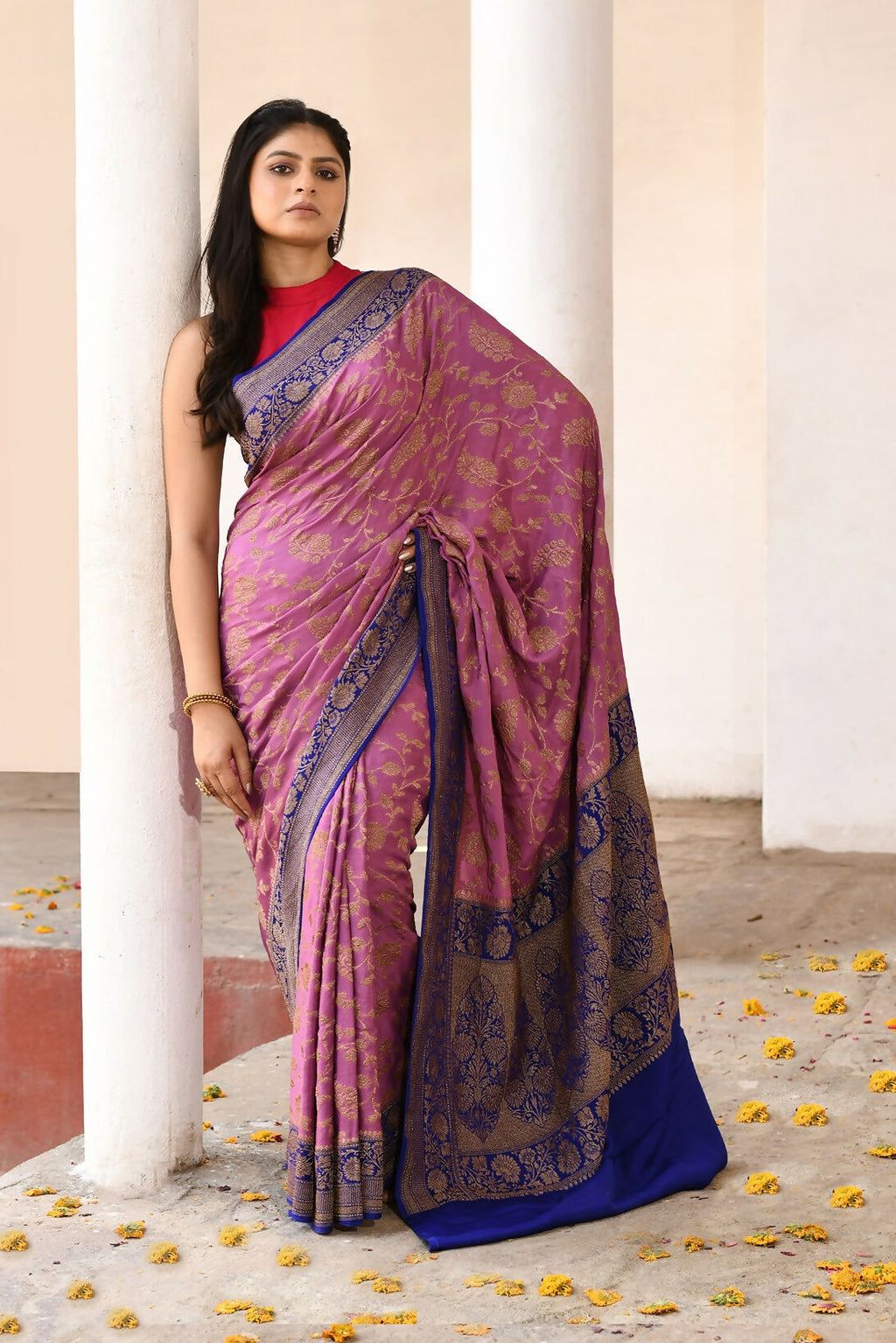 Joban Fashion Nude Pink Crepe Chiffon Pure Handloom Banarasi Silk Saree