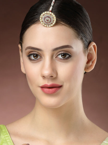 NVR Women's Gold-Polished CZ Stone-Studded Borla Maang Tikka