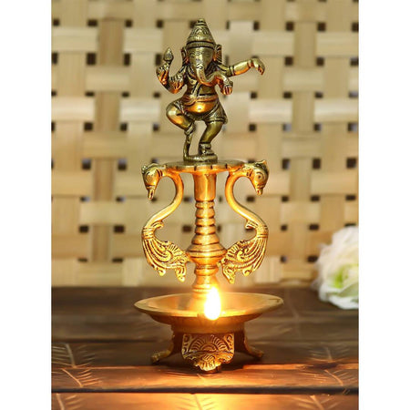 eCraftIndia Antique Gold-Toned Lord Ganesha Decorative Diya Showpiece