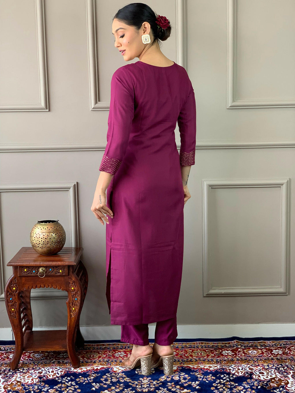 Partywear Designer Rayon Slub Wine Stitched Suit With Dupatta - Tanisha