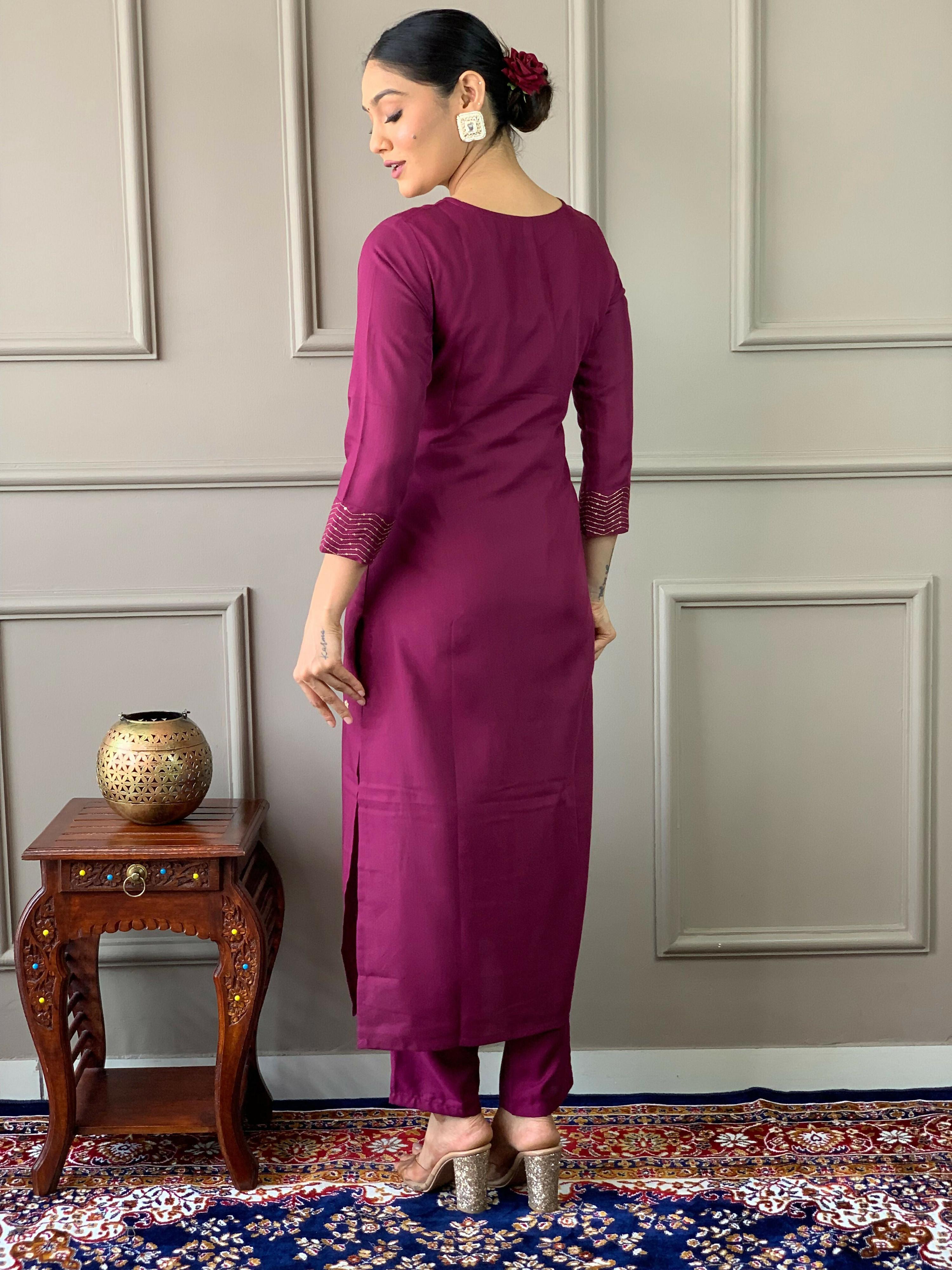 Partywear Designer Rayon Slub Wine Stitched Suit With Dupatta - Tanisha