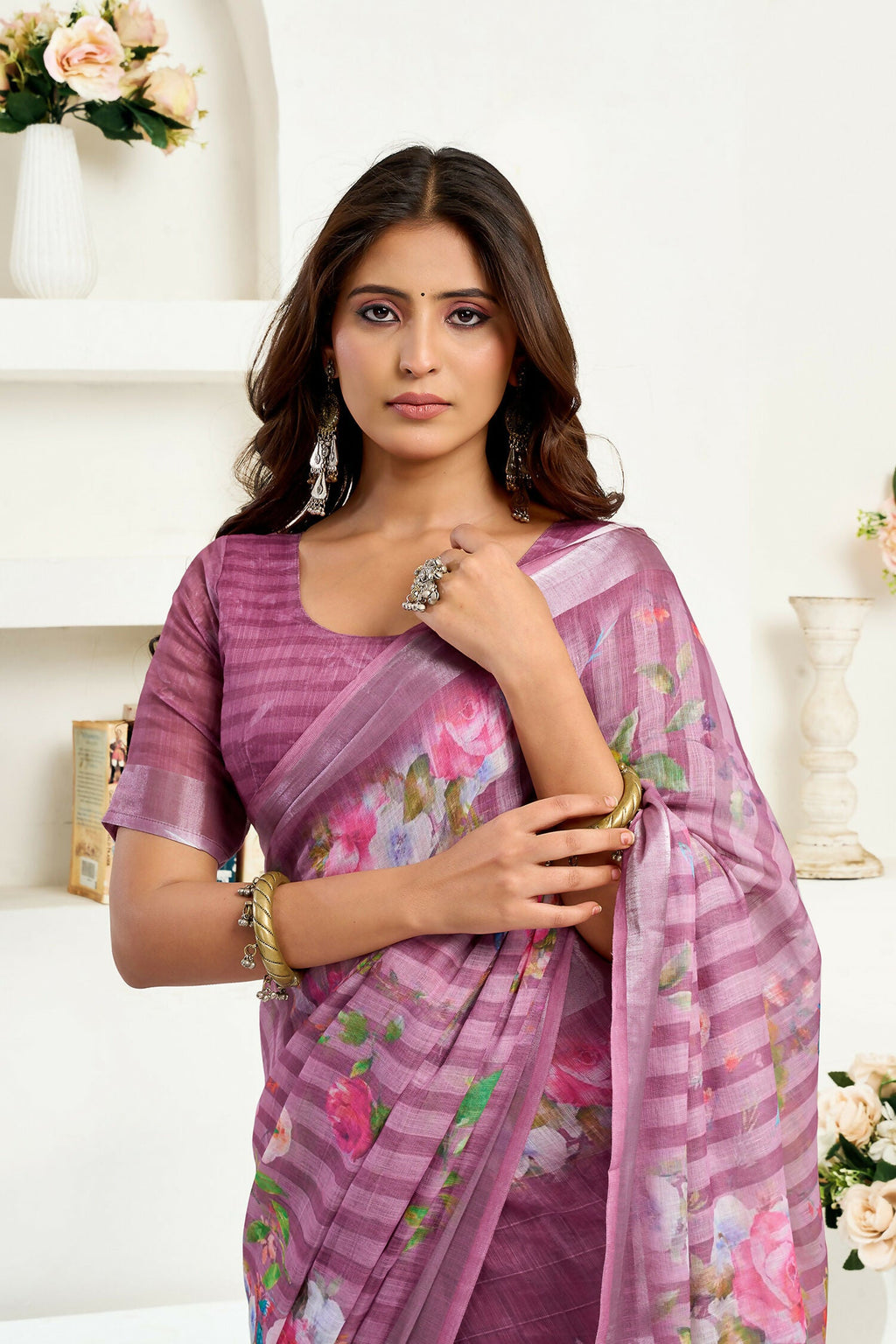 Joban Fashion Dusty Wine Floral & Striped Linen Ready To Wear Saree With Unstitched Blouse - Distacart
