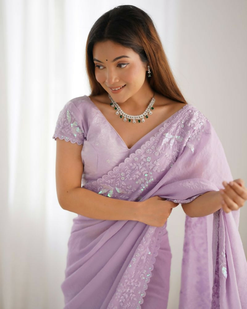 Vamsee Onam Lavender Crushed Fandy Tissue Silk Saree