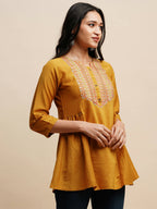 Mustard Chinon Embroidered Top - Tarini
