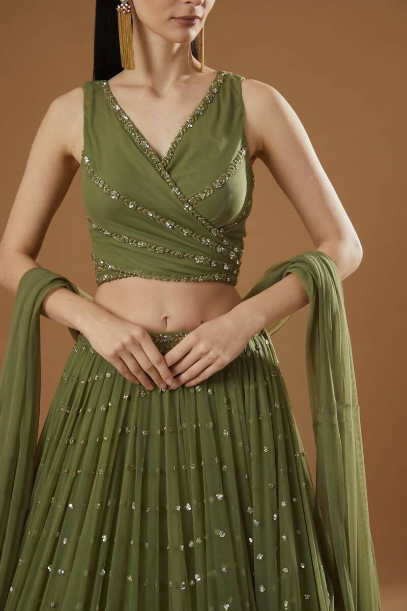 Jyoti Fashion Glamorous Olive Green Zari and Thread Embroidered Georgette Lehenga Choli with Dupatta