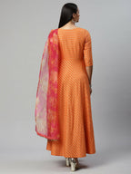 Ahalyaa Women's Orange Crepe Gold Print Dress - Distacart