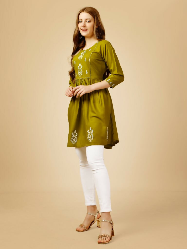 Jyoti Fashion Women's Mehendi Viscose Rayon Embroidered Casual Top