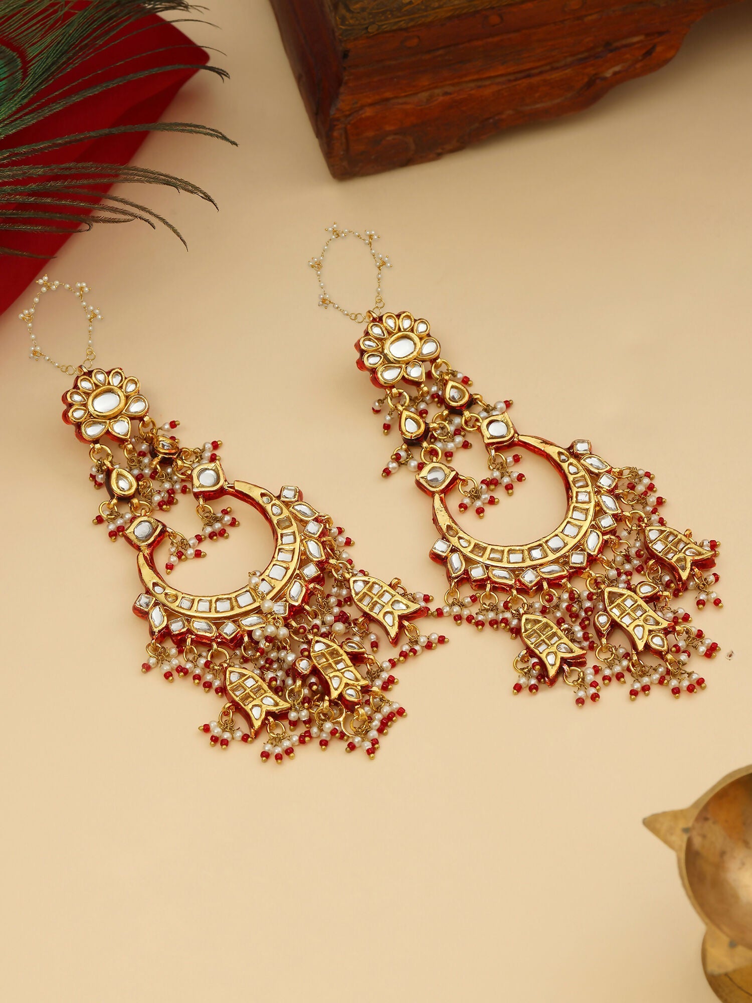 Ruby Raang 22k Gold Polished Kundan Chand Earrings With Ear Chains - Distacart