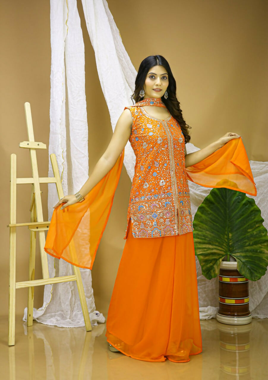 Teeya Creation Yellow Color Faux Georgette Wedding Wear Trending Palazzo Set - Distacart