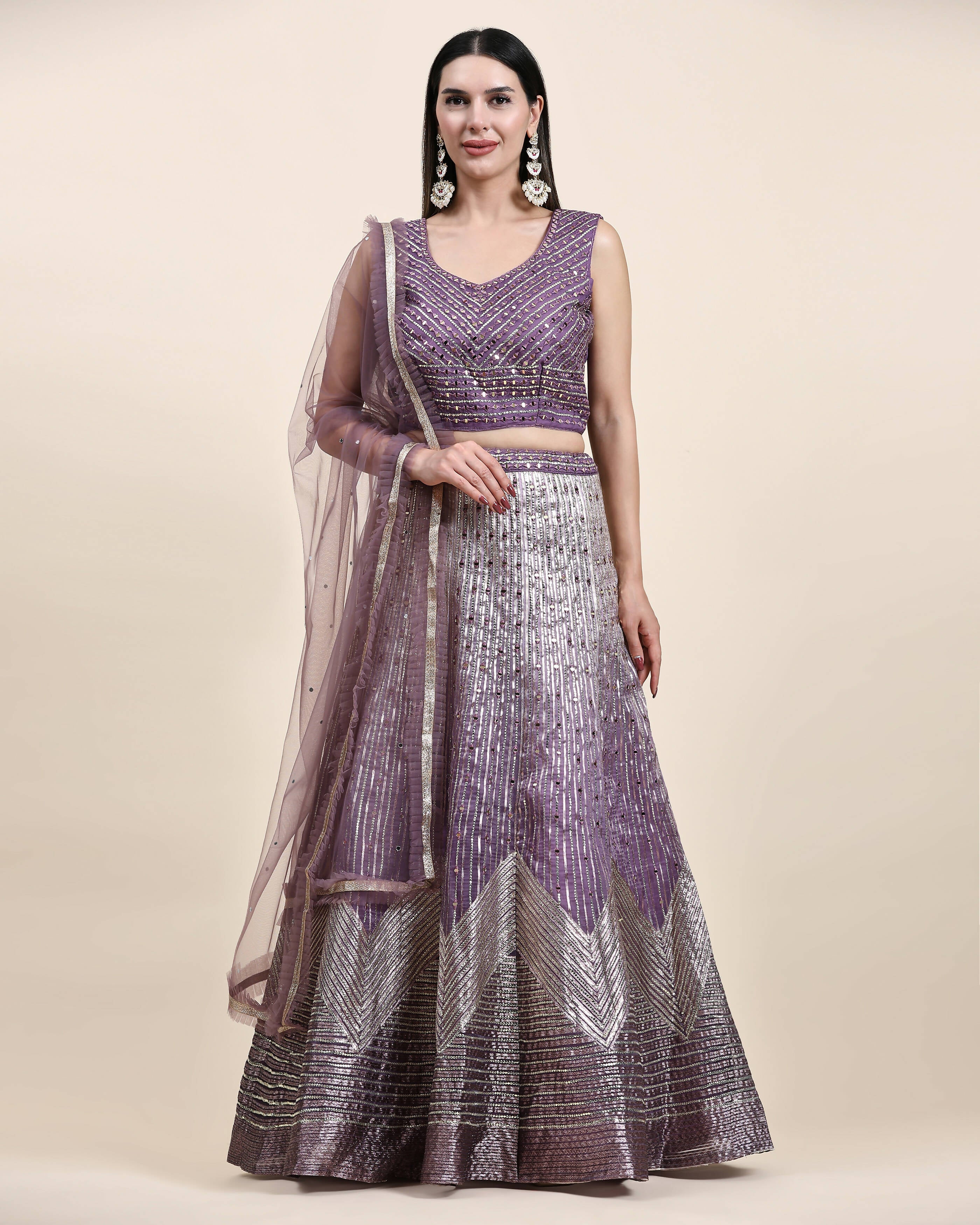 Lavender Organza Mirror With Coding Work Lehenga Choli with Dupatta - Tanya