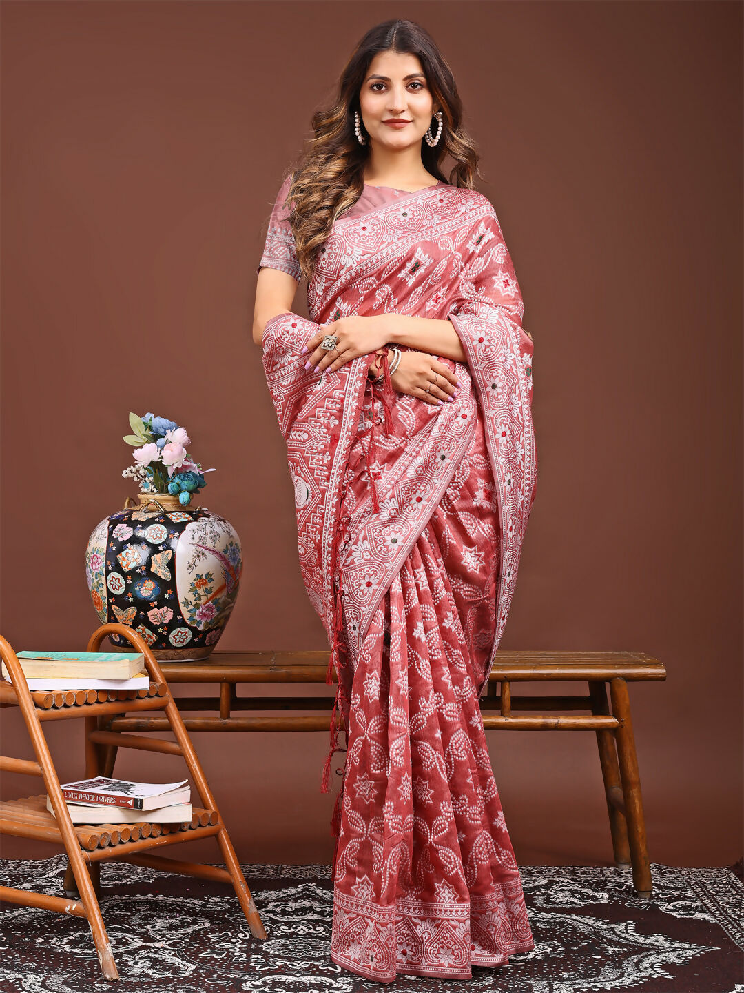 Shree Shyam Fashion Pankhuri Peach Linen Cotton Saree