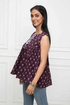 Myshka Women Brown Solid Round Neck No Sleeves Pure Cotton Top - Distacart