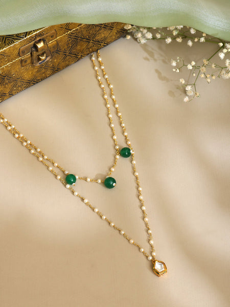 Ruby Raang Gold Kundan and Green Stone Layered Necklace