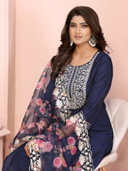 Joban Fashion Women Navy Blue Roman Embroidery Stitched Kurta Set - Distacart