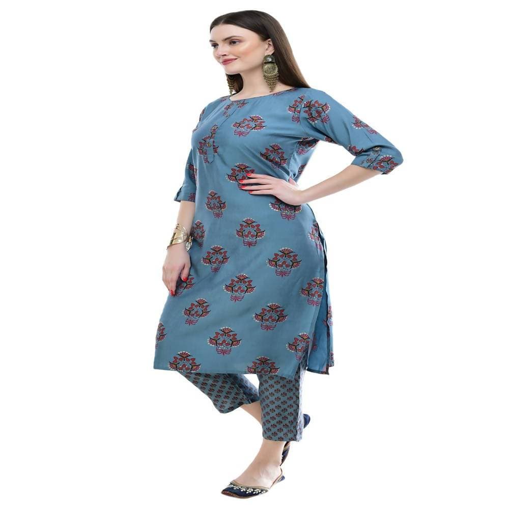 Lagi Women's Turquoise Blue Printed Straight Kurta & Pant (MC39A)