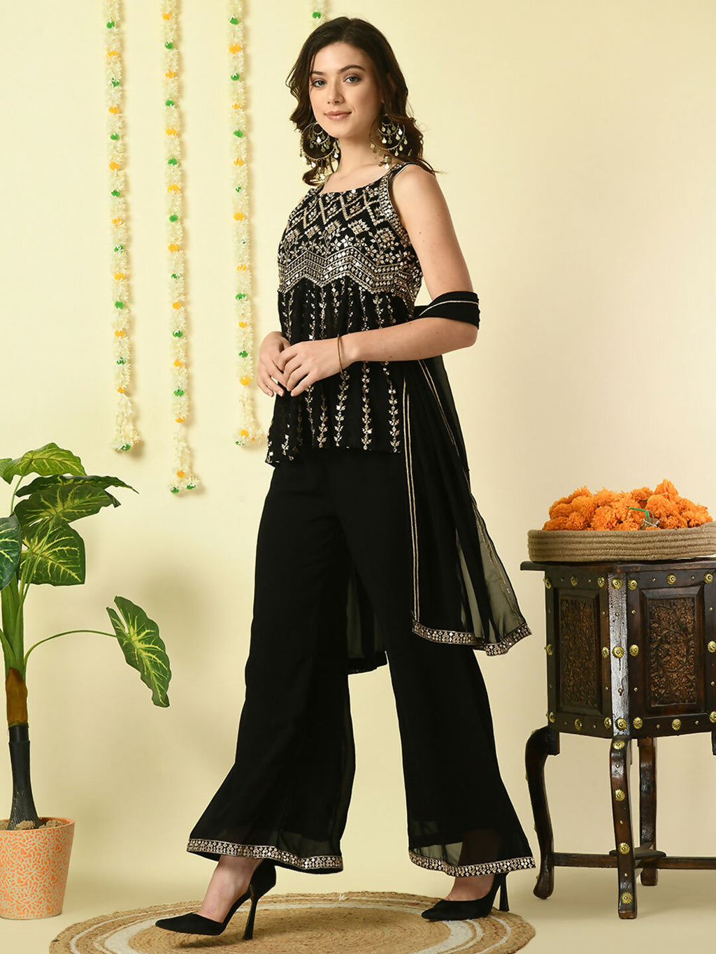 Myshka Women's Black Georgette Top & Palazzos With Dupatta Party Sets