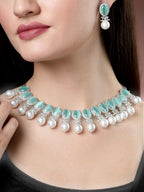 NVR Women's Silver-Plated Green American Diamond Studded Handcrafted Jewellery Set