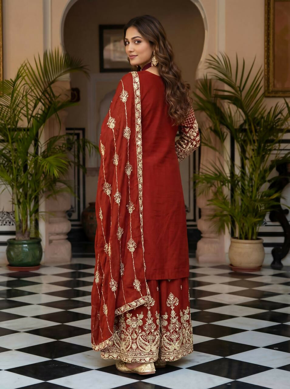 Joban Fashion Red Silk Embroidered Sharara Set - Distacart