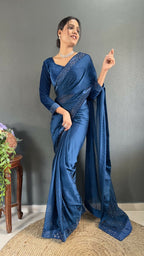 Vastranavya Teal Rangoli Silk Swarovski work Ready to Wear Saree