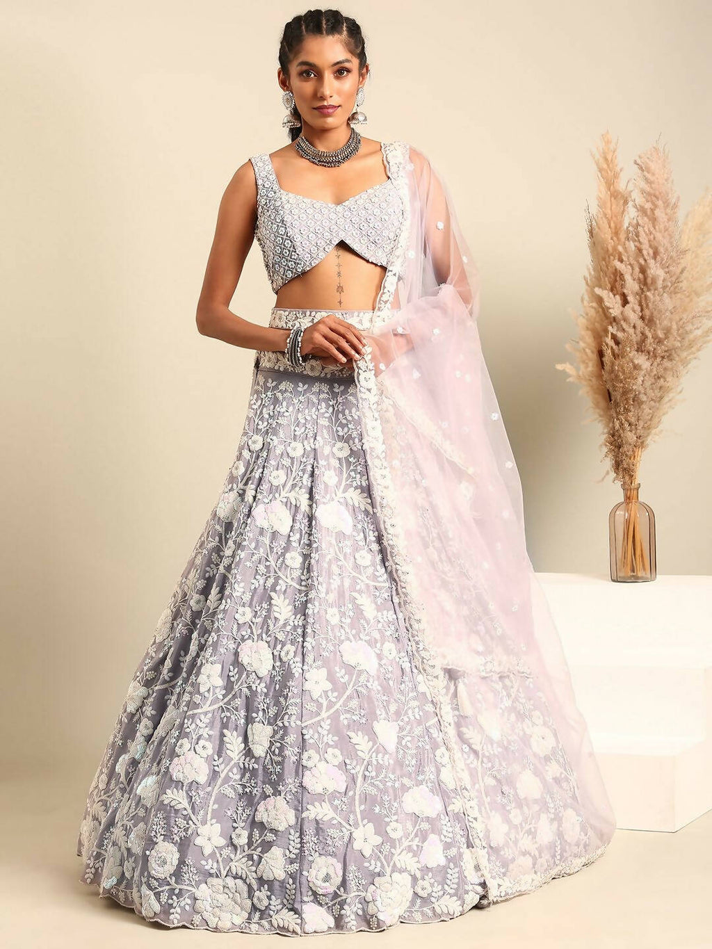 House of Panchhi Mauve Chinon Sequins and Zarkan embroidery Lehenga choli & Dupatta