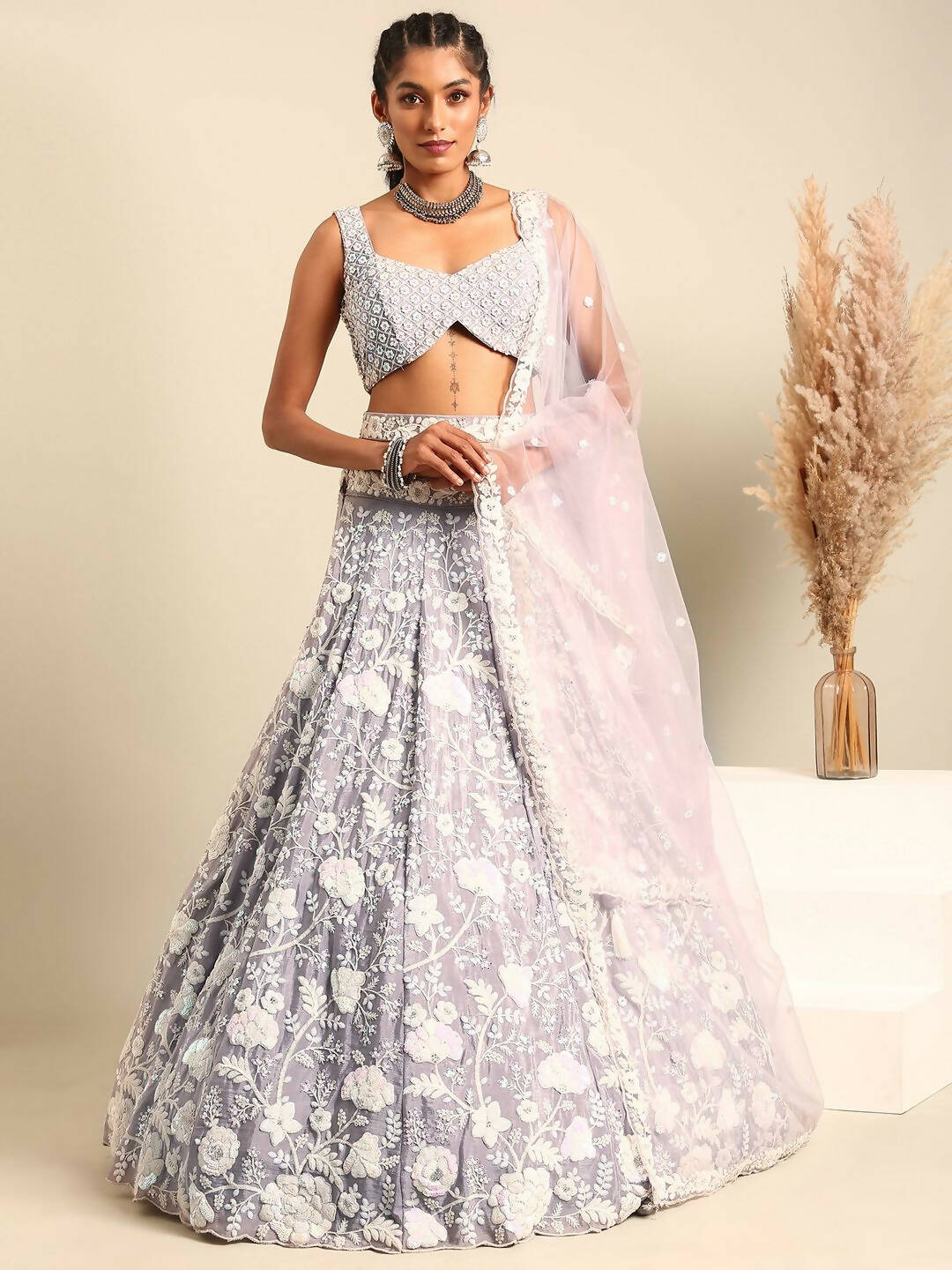 House of Panchhi Mauve Chinon Sequins and Zarkan embroidery Lehenga choli & Dupatta