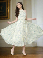 Souchii Cream & Blue Floral Chiffon Maxi Dress