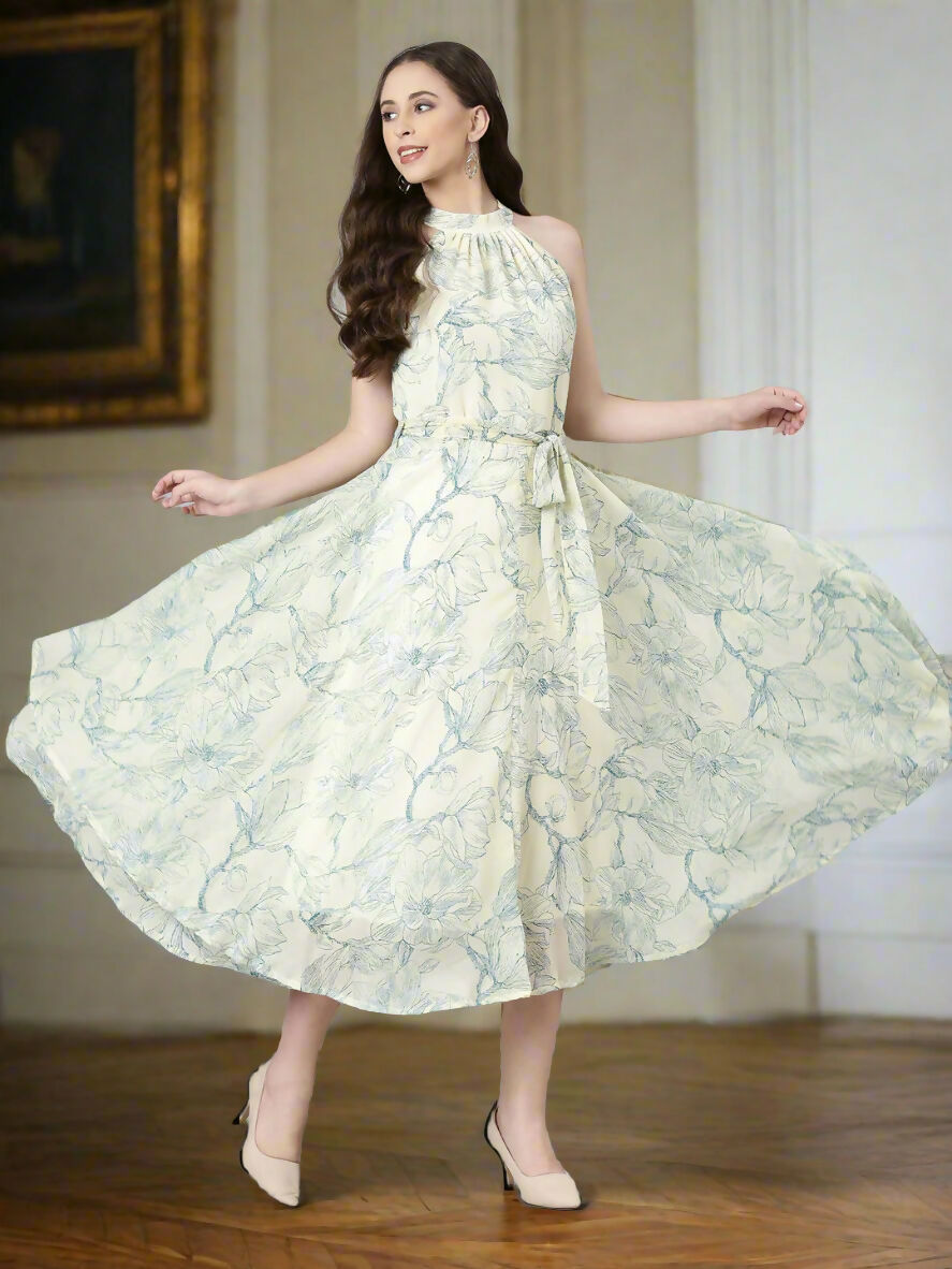 Souchii Cream & Blue Floral Chiffon Maxi Dress