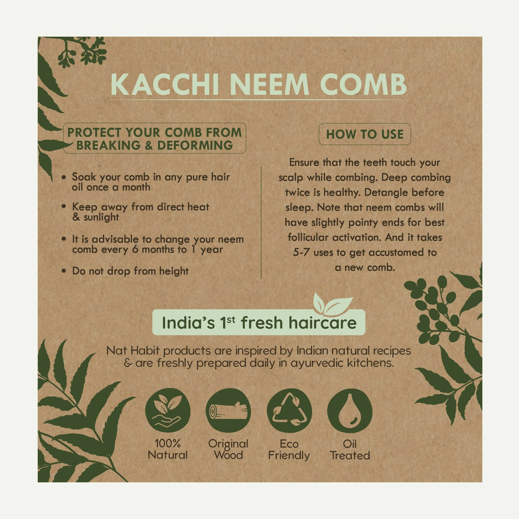 Nat Habit Kacchi Neem Wooden Comb - Soaked In 13 Herbs, Neem & Sesame Oil For Multi-Actions - Distacart