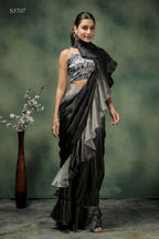 Grey Satin Solid Designer, Printed Party Wear Ready To Wear Saree - Nasreen